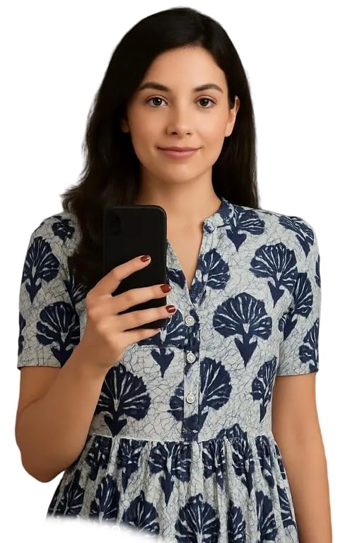 Image of Women's Round Neck Floral Block Printed Elbow Sleeves Front Button Detailing Layered and Tiered Hem Kurti Gown