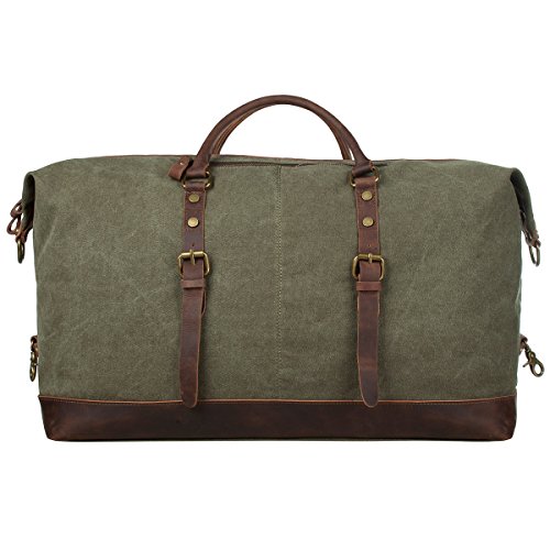 S-ZONE Oversized Canvas Genuine Leather Trim Travel Tote Duffel Shoulder Weekend Bag Weekender Overnight Carryon Hand Bag