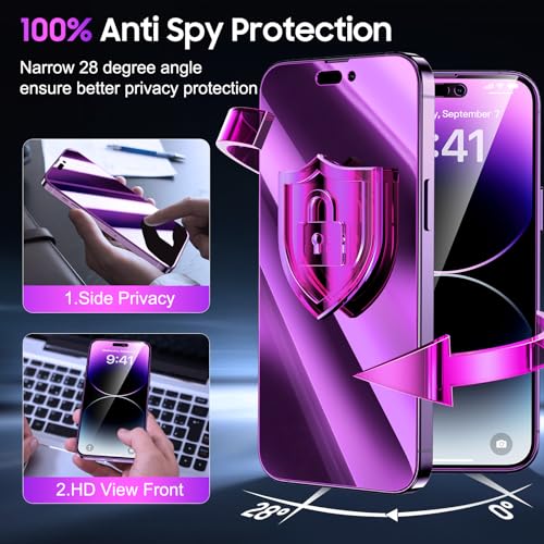 UniqueMe for iPhone 14 Pro Max Privacy Screen Protector, [Automatic Sticking] 9H Full Coverage Screen Tempered Glass Anti-Spy Bubble Free Case Friendly 6.7 inch - 2 Pack Purple Cool Color