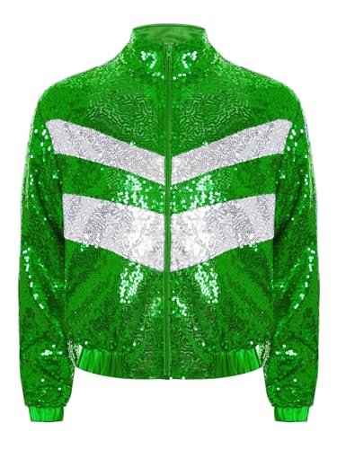 Kids Girls Glittery Sequins Jacket Outerwear Stand Collar Zip Up Coat for Hip Hop Ballroom Dance3