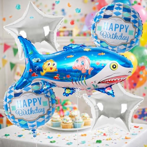 Image of Rozi Decoration Shark Theme Foil Balloon Set with Happy Birthday Balloons, Blue Shark Shape Balloon and Star Balloons for Birthday Decoration, Kids Party and Ocean Theme Decor Pack of 5 Pcs