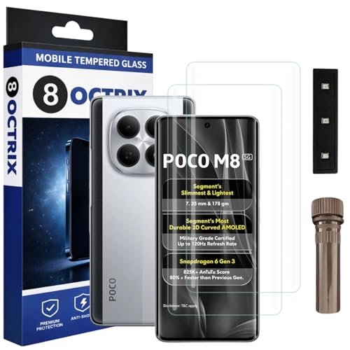 Image of Premium Curved UV Tempered Glass Screen Protector for Poco M8 5G | Transparent | Pack of 2 | Full Screen Coverage with UV Installation Kit