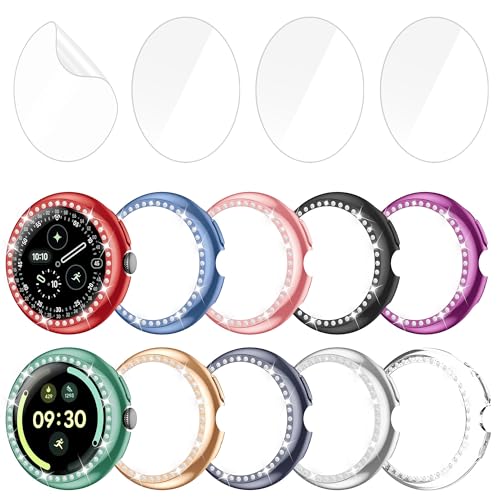 Tiorecime 10+4 Pack Case for Google Pixel Watch 4 41mm Glitter Diamond Glossy Hard PC Bumper for Women Girl Soft TPU Anti-Scratch HD Clear Screen Protector Bling Protective Cover