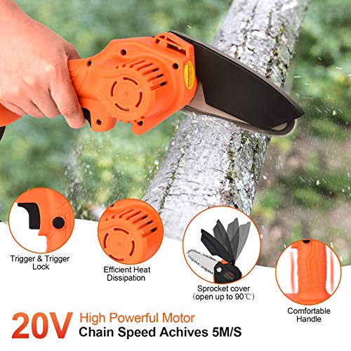 Cordless Mini Chainsaw, GOXAWEE 20V 4 Inch Power Chain Saw, Small Handheld Electric Saw - with 2Ah Battery / Charger / Replacement Chain for Wood Cutting, Farming, Garden, and Courtyard Tree Trimming
