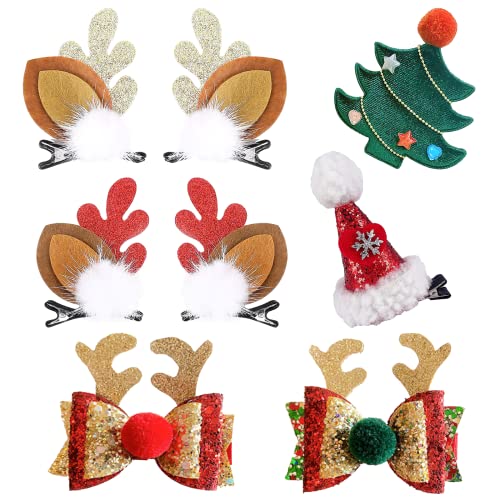 NBjiuyin 8Pcs Christmas Hair Clips Cute Decorative Cute Hair Accessories Antlers Headdress Hairpin Christmas Tree Hat Hair Bows for Girls Women Kids Gifts