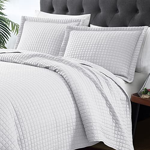 EXQ Home Quilt Set Twin Size White 2 Piece,Lightweight Soft Coverlet Modern Style Plaid Pattern Bedspread Set for All Season(1 Quilt,1 Pillow Shams)