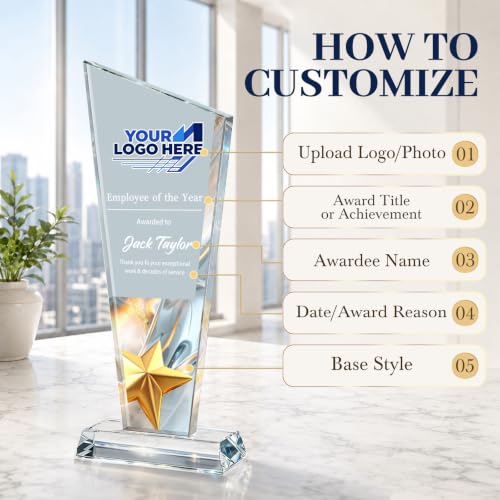 Image of Custom Crystal Trophy Award Personalized Plaque Award with Text Logo Photo Awards Trophies for Employee Recognition Team Graduation Personalized Office Gifts for Boss Coworker Teacher
