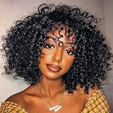 Hibiktba human wigs short curly wig with bangs 100% Brazilian virgin human hair machine made glueless for black women none lace front wigs 12 inch natural black