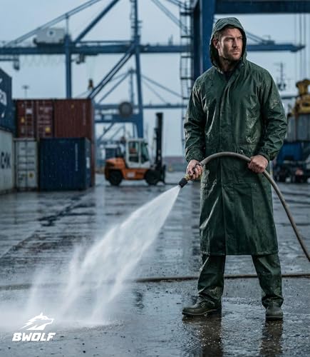 BWOLF POSEIDON Arbeitsmantel Regenmantel Herren Regenmantel Wasserdichte Lange Regenjacke Outdoor Wiederverwendbare Regenbekleidung mit Kapuze (Grün, 2XL)
