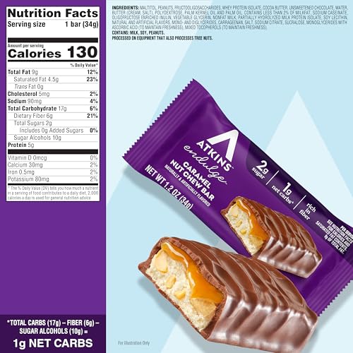 Image of Atkins Endulge Caramel Nut Chew Bar, Dessert Favorite, 1g Sugar, Good Source of Fiber, 5 Count