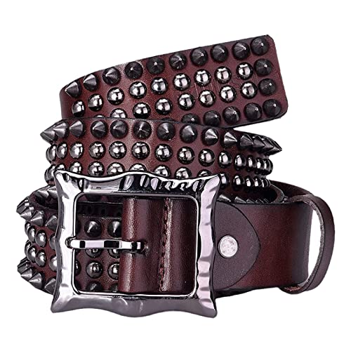 Leather Belt Studded Belt Punk Rock Cone Spikes Rivets Handmade Cow Leather Waistband Western Rectangular Buckle for Jeans Pants (110cm/waist:37" Brown)3