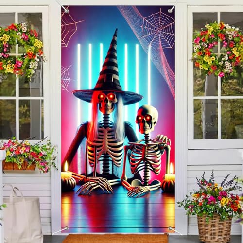 Image of BlissYard Halloween Door Cover Skeleton Witch Hat 35x71 Inch Polyester | Door Banner, Wall Decor | Skeleton Entry Accent, Witch Hat Backdrop | Porch, Hallway, Party (Spooky Art)