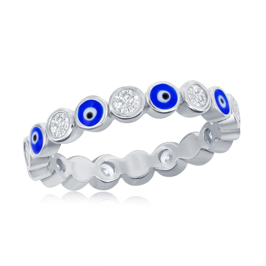 Beaux BijouxAlternating Navy-Blue Enamel Evil Eye and Round Simulated Diamond CZ Band Ring |Sterling Silver Jewelry for Women or Teens