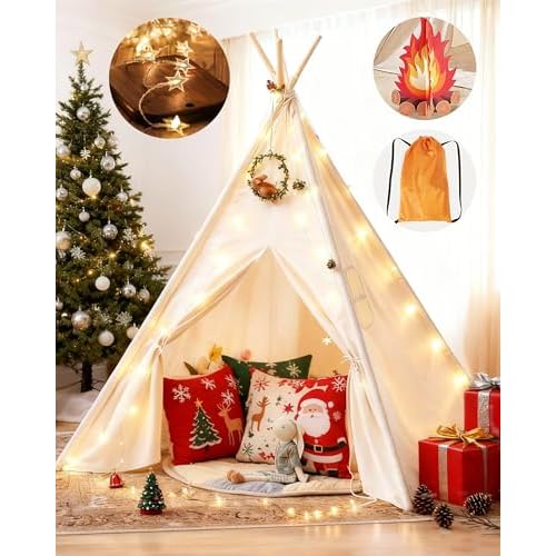 Tiny Land Teepee Tent for Kids with Star Lights, Foldable Play Tent for Girls & Boys, Washable Indoor Toddler Tent, Cozy Warm Reading Nook & Room Decor Off-white Kids Teepee