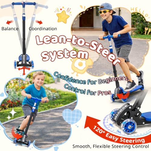 Kick Scooter for Kids Ages 3-12, Stable Three Wheeled,Light-Up Wheels, Lean-to-Steer, Adjustable 28"-32" Handlebar, Wide Non-Slip Deck, Dual Rear Brake, Foldable for Girls Boys Gift, Blue by HANGMAICOME - Image 3