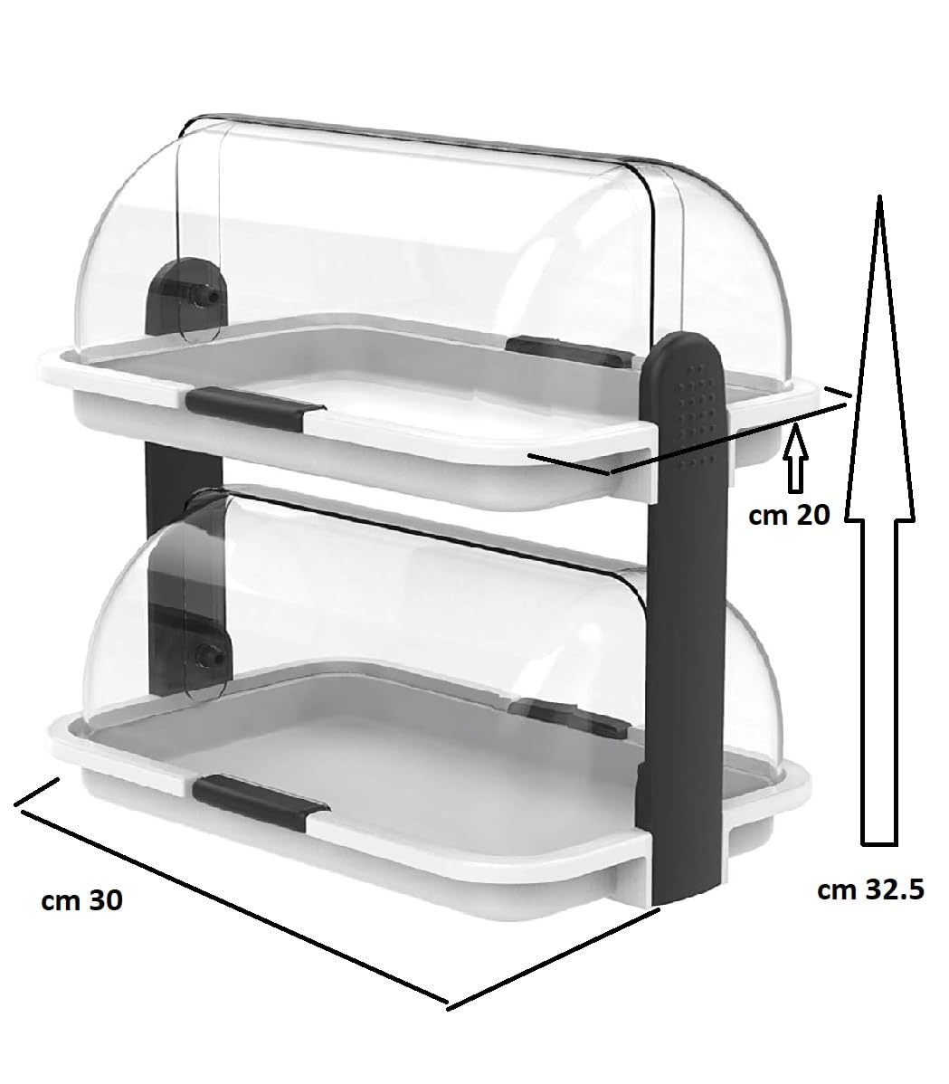 Vetrina 2 Piani Espositore da Bar Buffet con Cupole Trasparenti e Vassoi Bianchi Vassoi Bianchi Vetrinetta Espositiva Professionale cm 30x20x32,5