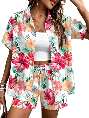 VVNTY Hawaii Hemd Set Damen Floral Kurzarm Shirt Shorts 2 Teiler Tropical Sommer Urlaub Outfits (Mehrfarbig1 XL)