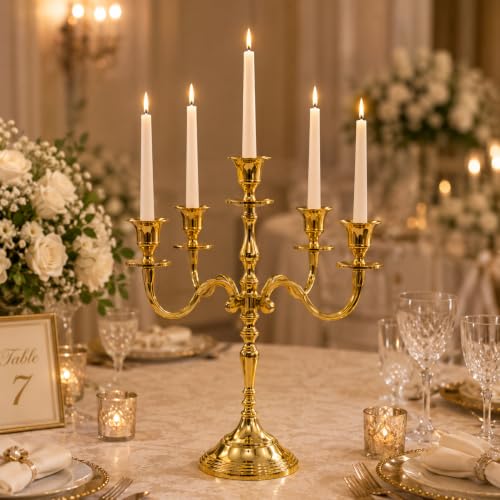 Image of Decorative Aluminum Vintage 5-Arm Brass Gold Candelabra Candle Holder - Elegant Metal Table Centerpiece for Home, Wedding, Party & Dining Room Decor