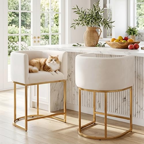 Image of HNY Modern Barrel Counter Height Clearance Bar Stools Set of 2, 24 Inch Velvet Kitchen Barstools with Back for Island, with Gold Metal Tubular Frame, Ivory