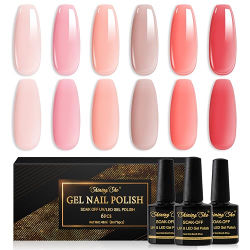 Shining She Esmaltes Semipermanentes de Uñas en Gel UV LED,6 Colores Rosa Desnudo Beige Rosa Claro Rojo Primavera y Verano Pintauñas Semipermanentes para Principiantes Art DIY en Casa,8ML