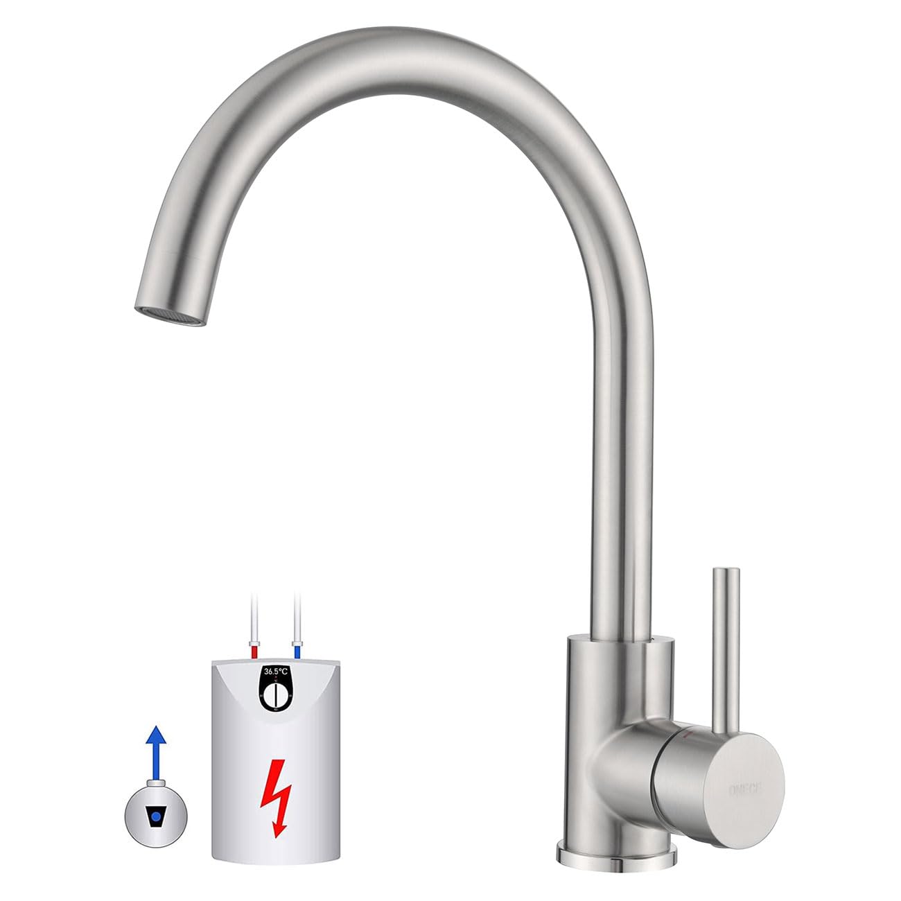 ONECE Niederdruck Wasserhahn Küche mit 360° drehbar Auslauf, Niederdruckarmatur für Boiler, Küchenarmatur Nieder Druck Mischbatterie aus Edelstahl gebürstet, Matt