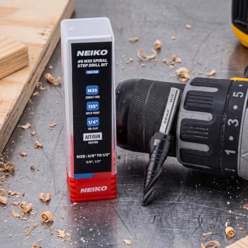Image of NEIKO 10615B Step Drill Bit, 2 Steps 3 /8 inch to 1 /2 inch Spiral M35 Cobalt, AlTiSiN Coated, 1 /4 inch Tri-Flat Step Bits for Steel, Metal, Wood, Plastic, Unibit Cone Drill Bits, Two Flute
