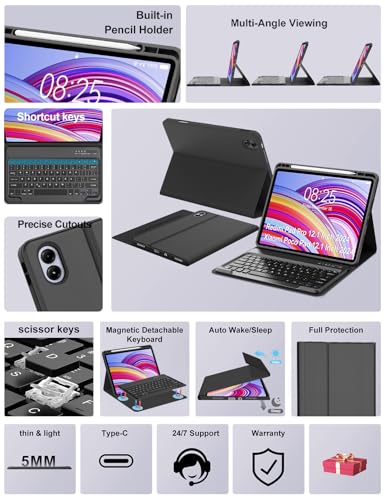Image of Keyboard Case for Redmi Pad Pro / Xiaomi Poco Pad 12.1 Inch Case with Keypad, Detachable Bluetooth Key Board Cover with Pen Holder for Xiaomi Redmi Pro 12.1 inch 2024 Release, Portable & Functional, Black