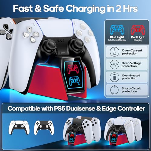 Image of Controller Charger Station Compatible with Play 5 Faceplates Edge & Dual Controller, 9 Lightings P 5 Accessories Charging Station, P 5 Dock Stand with LED Indicator & On-Off Switch, Volcanic Red for PlayStation Consoles