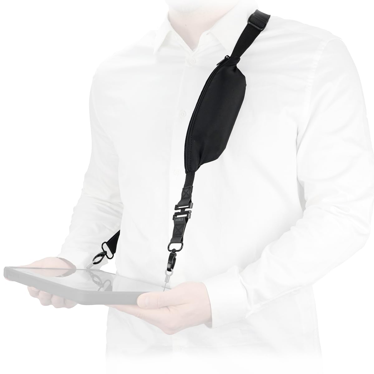 MOBILIS Bandoulière Universelle avec Système de Détachement de Sécurité & Poche de Rangement Extensible, 2 Points A'accroche, Sangle Haute Résistance