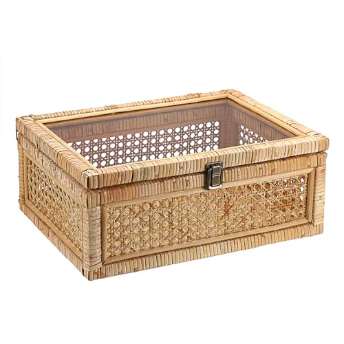 Hipiwe Vintage Decorative Box with Clear Lid Rattan and Wood Display Boxes Handcrafted Shelf Basket Bin Large Wicker Storage Basket Rectangular keepsakes Box for Bathroom Home Decor 14x10x57 inch