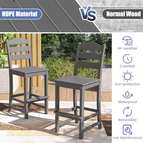 Image of Tangkula Patio HDPE Barstool, Outdoor High Top Bar Chair w /Backrest & Footrest, All-Weather Wood-Plastic Bar Height Chair for Poolside, Backyard, Porch (2, Grey)
