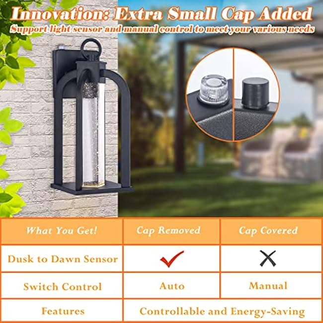 Dusk to Dawn LED Outdoor Wall Light, 14 Black Wall Lantern with Crystal Bubble Glass, Exterior Light Fixture with Photocell Sensor, IP65 Waterproof Anti Rust Outdoor Lighting for House, Garage, Porch