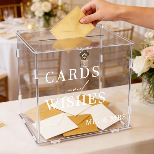 Image of Clear Acrylic Card Box with Slot & Lock, DIY Large Wedding Card Boxes for Reception, Elegant Money Envelop Gift Cards Box for Party Wedding Birthday Baby Shower Graduation Table Decor