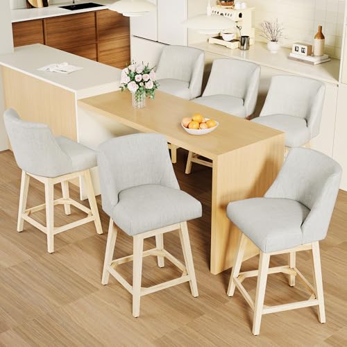 Image of Swivel Counter Height Bar Stools Set of 6, Modern Fabric Swivel Barstools with Contoured Back and Solid Wood Legs, Upholstered Counter Stool Bar Chairs for Kitchen Island, Home Bar, Cream
