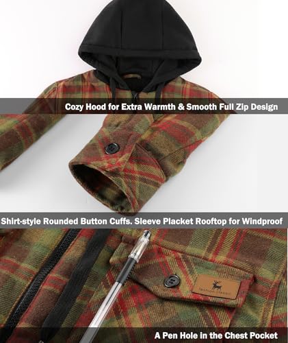 Image of V VALANCH Men's Flannel Shirt Jacket with Hood Fleece Lined Plaid Jacket Zip Up Winter Warm Coat