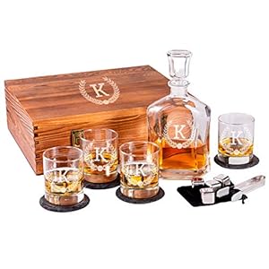 Engraved Liquor Whiskey Decanter Set with Scotch Glasses for Men – 9 Design Options – Personalized Gift Set for Him, Dad – Premium Set Includes Whiskey Stones – by Froolu