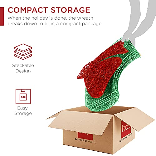 Best Choice Products 48in Pre-Lit Outdoor Christmas Wreath Decoration, LED Metal Holiday Decor for Home w/ 140 Lights, Bow - Green/Red