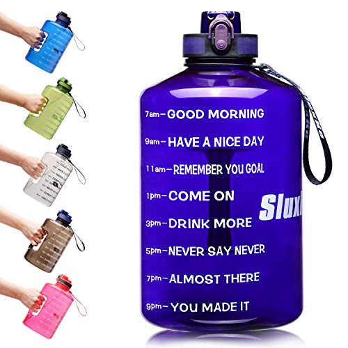 SLUXKE 1 Gallon Water Bottle with Motivational Time Marker, Large 128oz Leakproof BPA