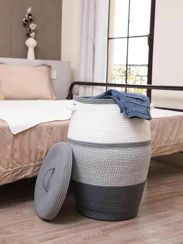 Image of Storage Cotton Rope Basket and Laundry Hamper for Dirty Clothes, Towels, Blankets, Pillows Storage in Living Room, Laundry Room and Bedroom (White & Dark Grey Mix With Lid, 14x16 Inch)