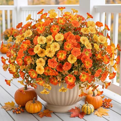Image of Bassion Artificial Fall Flowers for Outdoor Decoration, 12 Pcs Fake Petunia | Realistic, silk flowers, faux morning glory, UV resistant, autumn garden front door porch patio yard planter home decorations