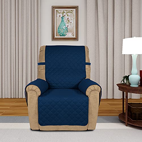 Image of PureFit Reversible Quilted Oversized Recliner Sofa Cover, Water Resistant Furniture Protector, Washable Couch Cover with Elastic Straps for Kids, Pets (Small, Navy /Navy)