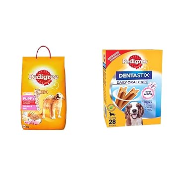 Pedigree Puppy Combo Pack of Dry Food (Chicken & Milk, 6kg) & Dentastix Oral Care Monthly Pack of 28 stix (720g)