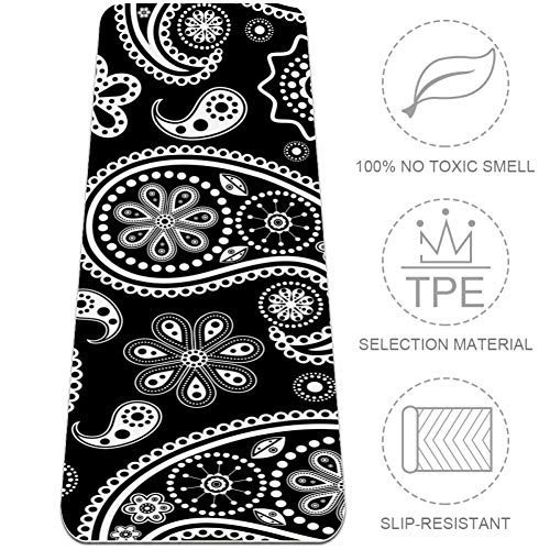 LEVEIS Yoga Mat White Paisley On Black Thick Non Slip Exercise Workout Mats for Home Gym Floor Trave LEVEIS Yoga Mat White Paisley On Black Thick Non Slip Exercise Workout Mats for Home Gym Floor Trave