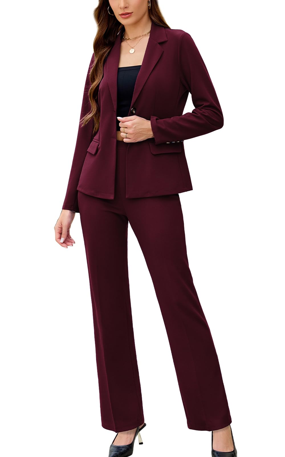 Womens 2 Piece Suits Business Casual Outfits Long Sleeve Solid Blazer with Pants Professional Office Work Sets