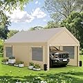 JAMFLY 10x20 ft Heavy Duty Carport with Roll-up Windows & Removable Sidewalls & Doors – Portable Garage Canopy with All-Season Tarp, Sandbags for Car, Truck, Boat, Motorcycle, Khaki