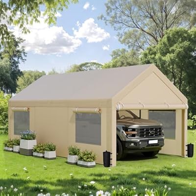 JAMFLY 10x20 ft Heavy Duty Carport with Roll-up Windows & Removable Sidewalls & Doors – Portable Garage Canopy with All-Season Tarp, Sandbags for Car, Truck, Boat, Motorcycle, Khaki
