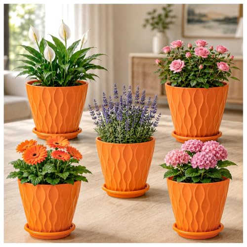 Image of Eightiz Pack of 5 Wave Flower Pots for Home Gardening Round Planters for Indoor & Outdoor Plants, Terrace, Balcony, Garden & Home (Pumpkin Orange).