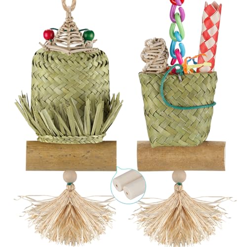 Bird Toys,Bird Foraging Bark Sola Stick Nature\'s Bento Bag Edible Cattail Palm Leaf Woven Parrot Toys with Corn Husk for Lovebirds,Parakeets, Budgerigars, Conure, Cockatiel,Parrotlet,Budgie (Lobster)