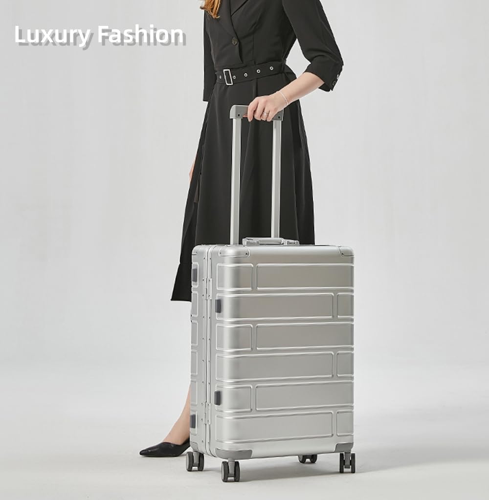 Aoun Hartschalen Koffer Handgepäck Aus All Aluminium, Ganzmetall Trolley Koffer Ohne Reißverschluss Mit Schloss, Reisekoffer Trolley Koffer Metalll Rollkoffer Für Reisen Business (Silber, 51CM-41L)