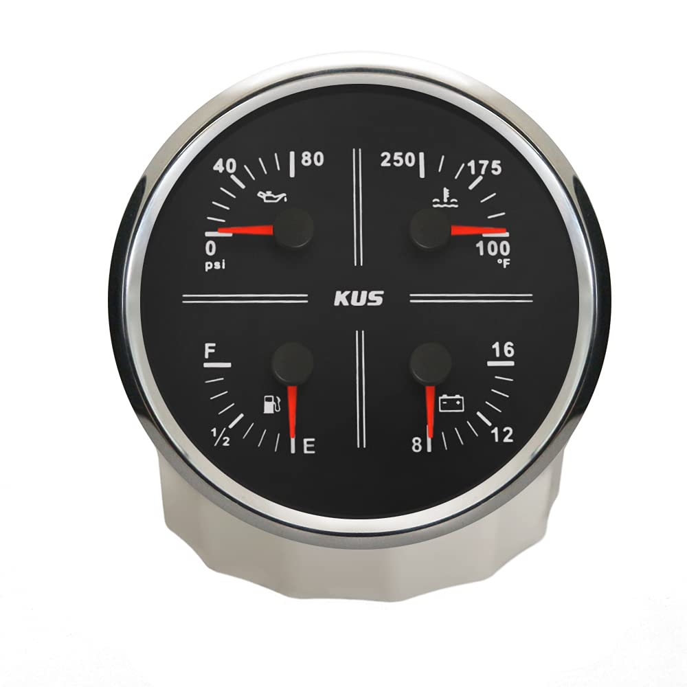 KUS 110 mm 4 in 1 Multifunktionsmessgerät Öldruck Kraftstoffstand Wassertemperatur Voltmeter 12 V mit Hintergrundbeleuchtung wasserdicht für LKW SUV (schwarz+edelstahl)